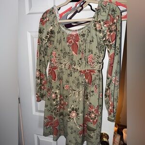 SO Green and Red Floral Long Sleeve Dress